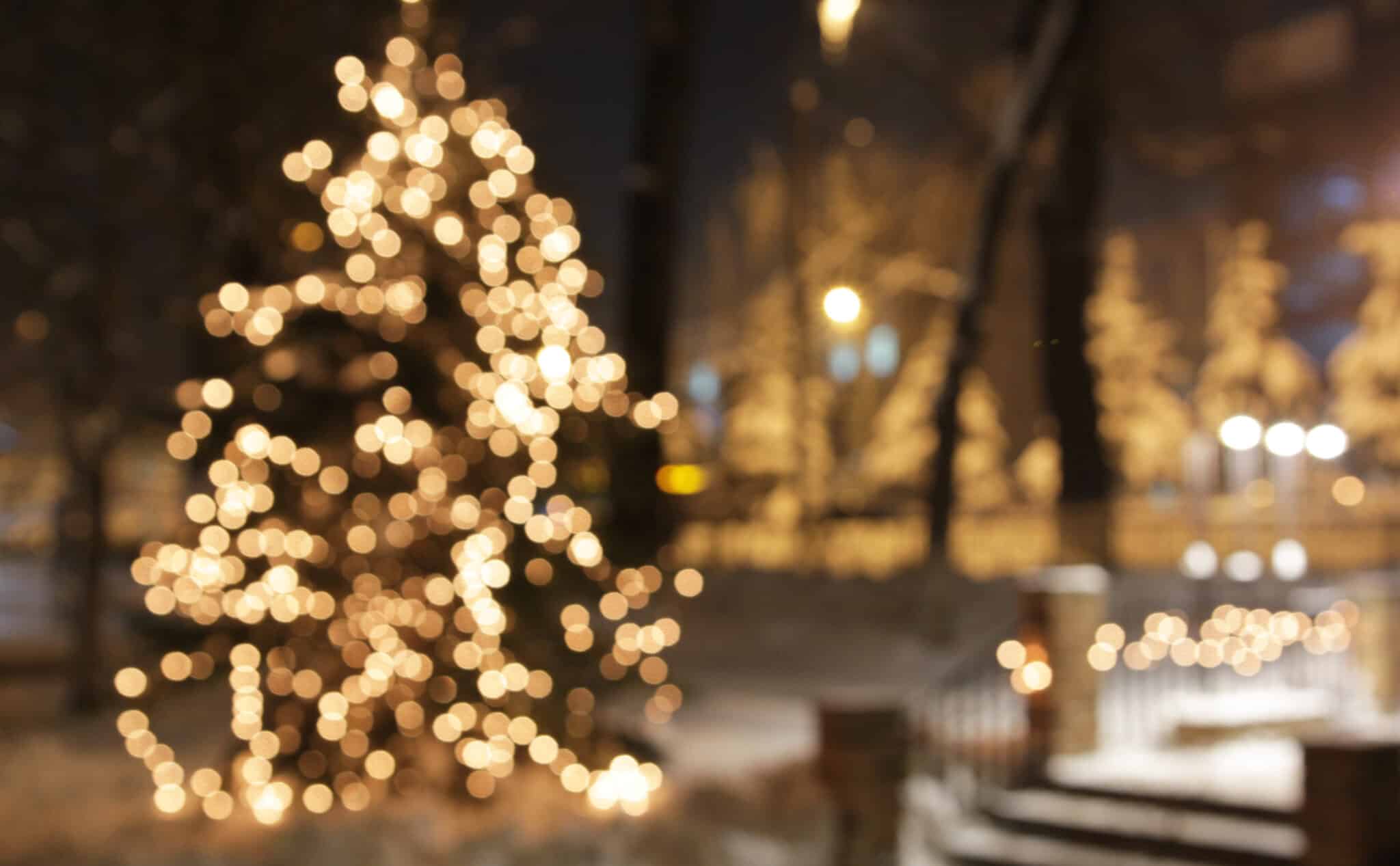 Christmas tree and lights outside blurred in distance